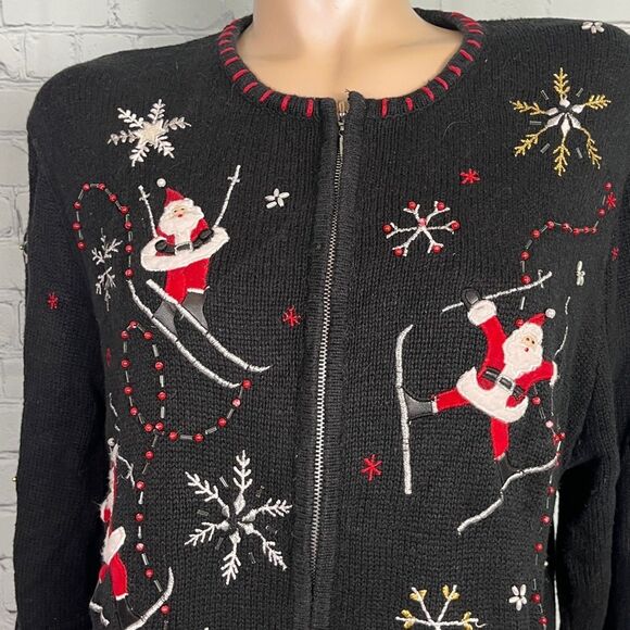 Skiing Santa Holiday Black Embroidered Cardigan Sweater XL Christmas - Picture 2 of 6